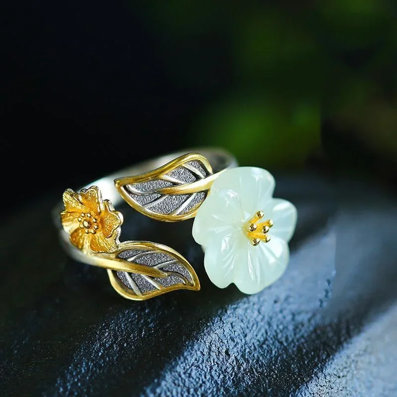 Men Accessories In Silver - 925 Silver White Hetian Jade Flower