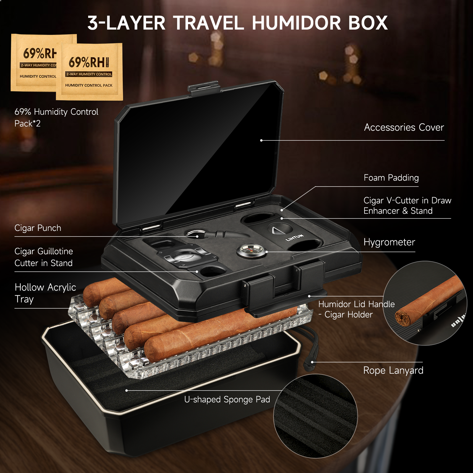 Portable Travel Humidor Box wi - Cigar Cutter Set ulasan dan harga